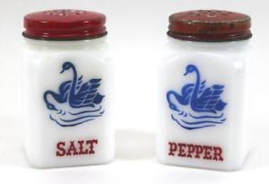Vintage Milk Glass Salt & Pepper Shakers Blue Swans Red Tops USA