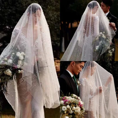 Brautschleier Lang Mit Kamm Perle 1-lagig Hochzeit Schleier Luxus Weiß - Bild 1 von 4