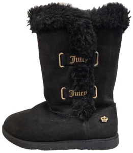 Juicy Couture Womans Boot Faux Suede Black Boot Fur Lining Sz 7M Gold Trim Crown - Picture 1 of 12