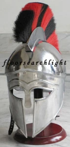 Corinthian Helmet With Black & Red Plume Nautical Silver Greek With Wooden Stand - Picture 1 of 5