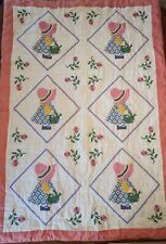 Vintage Hand Quilted and Cross Stitched Sunbonnet Sue Quilt Top 37"x54" Exc Cond