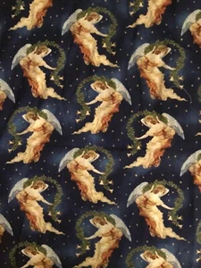 Antique Angels Green Garlands Bells on Blue Fabric vntg Cranston 3 yard 6” Long - Picture 1 of 4