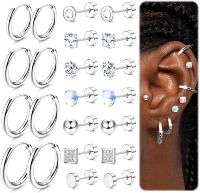 Pendientes planos de acero quirúrgico para mujer y hombre - hipoalergénico plata Stud Hoo Foto 1 de 4