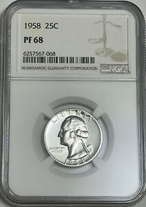 1958 NGC PF68 90% SILVER PROOF WASHINGTON QUARTER EXCELLENT EYE APPEAL 25c WHITE