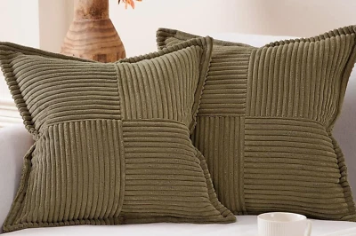 PAR DE FUNDAS DE ALMOHADA CHENILLA PANA RETAZOS RAYAS VERDE OLIVA 18x18 #S71 Foto 1 de 2