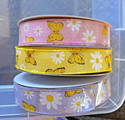 1.5" Daisies & Butterflies Linen Wired Ribbon: Pink, Lavender, &Yellow (10 YD) - Image 1 of 4
