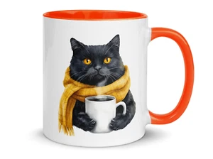 Lustige Katzenliebhaber Geschenk Tasse - schwarze Katze im Schal mit Kaffee - 11 Unzen Keramik - Bild 1 von 10