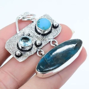 Apatita Neón, Joyería de Plata Hecha a Mano con Piedras Preciosas de Ónix Azul 1.8" PRJ17435 - Imagen 1 de 3