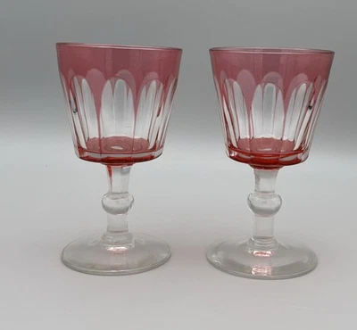 Pair Vintage Ruby Cut to Clear Wine Glasses Petal Panel Knopped Stem 12cm tall - Image 1 of 4