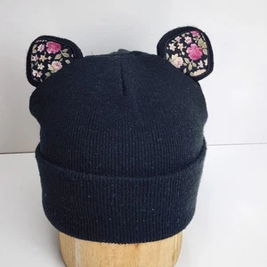 Pugs Brand OSFM 100% Acrylic Winter Gear Black Cuffed Knit Floral Cat Ear Beanie - Picture 1 of 6