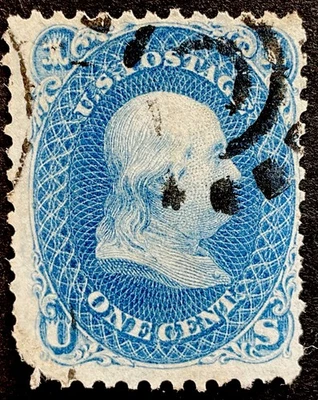 U.S. Scott #63 1861 bright blue Franklin 1 cent stamp fancy cancel sg60 cat £50  - Image 1 of 3