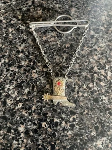 MEXICAN STERLING SILVER & 10K GOLD COWBOY BOOT TIE CLIP w SPUR Faceted Red Stone - Picture 1 of 10