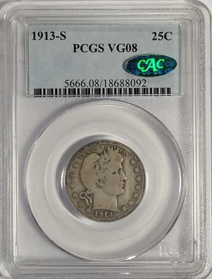 1913-S 25c Key-Date Original Barber Silver Quarter PCGS VG-8 CAC PQ!  - Image 1 of 2