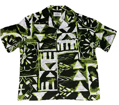 VTG 60s 70s Malihini Hawaii Aloha Shirt Barkcloth Tiki Tribal Green Black S/M - Image 1 of 4