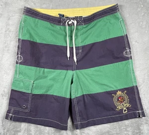 Polo Ralph Lauren Swim Trunks Mens Large Green Navy Striped Crest Board Shorts - Picture 1 of 11