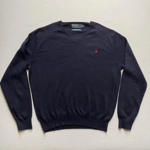 Vintage Polo Ralph Lauren Pullover Herren Large Navy Blau Pima Baumwolle V-Ausschnitt Strick - Bild 1 von 11
