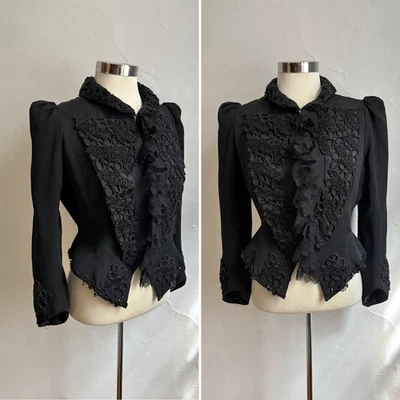 Antique Edwardian Beaded Black Silk Bodice Lace Ruffle Embellished Jacket Med - Image 1 of 4