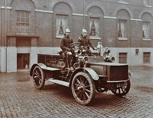 Firemen in brass helmets aboard a motor hose tender, London Fire B- Old Photo - Bild 1 von 1