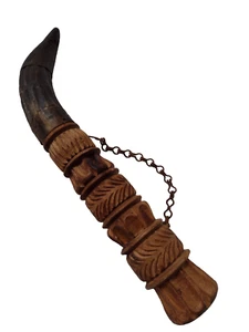 Wood & Horn Side Blown Horn Trumpet Ceremonial Artifact Hand Made 49cm Original - Picture 1 of 23