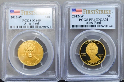 2012-W $10 Alice Paul 2pc. Spouse Gold Set MS69, PR69 DCAM First Strike PCGS Cover