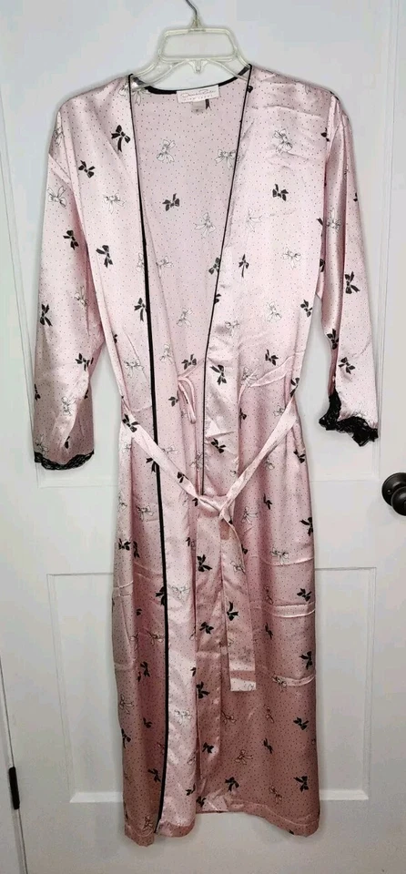 Oscar De La Renta Pink Label Satin Robe Pink Polka Dot Bow Lace Belted Size S - Image 1 of 4