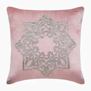Square Cushion Case Pink 16"x16", Home Decor Velvet Medallion - Silver Plated - Picture 1 of 3