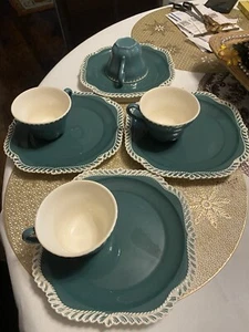 Harkerware CORINTHIAN 8 pc Green Snack Set GADROON EDGE -SQUARE - Picture 1 of 4