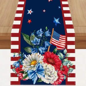 Linen Watercolor Red White and Blue American Flag Stars Table Runner 72 Inches.. - Picture 1 of 7
