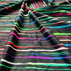 Neon Multicolor Stripes Black Background Print Nylon Spandex Fabric 4 Way - Picture 1 of 4