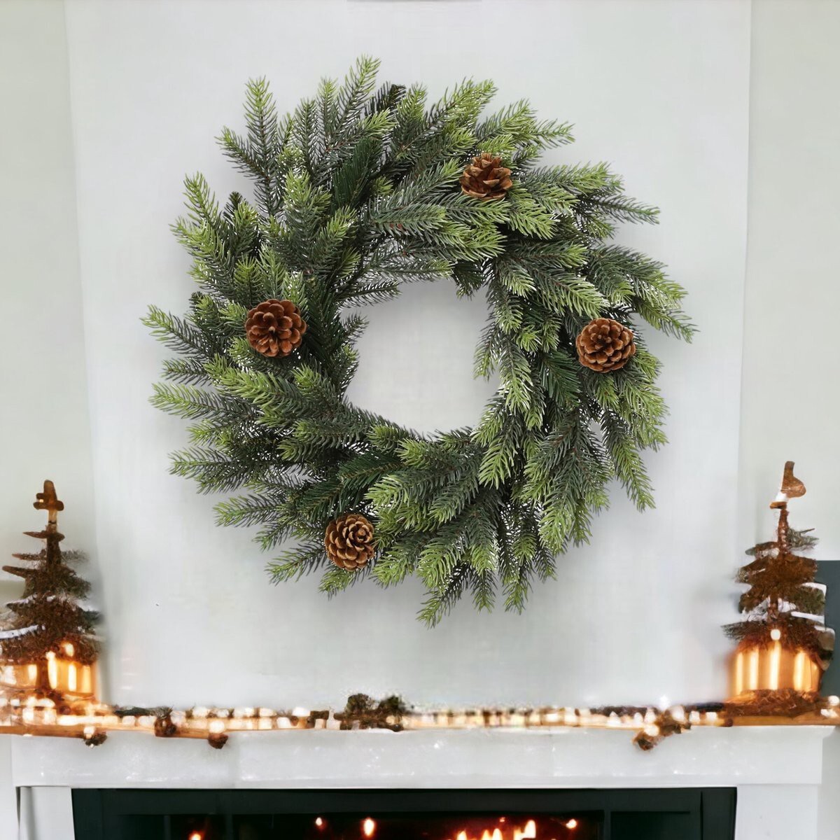 Weihnachtskranz Mit LED Lichtern 45cm - PVC Türkranz Mit Tannenzapfen