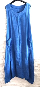 Made In ITALY Dress Long Blue 100% LINEN BEAUTIFUL MAXI MIDI Pockets Button Vgc - Picture 1 of 12