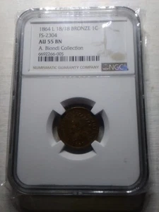 1864 18/18-L INDIAN CENT WITH REPUNCHED DATE RPD FS-2304 NGC GRADED AU/55 BROWN! - Picture 1 of 7