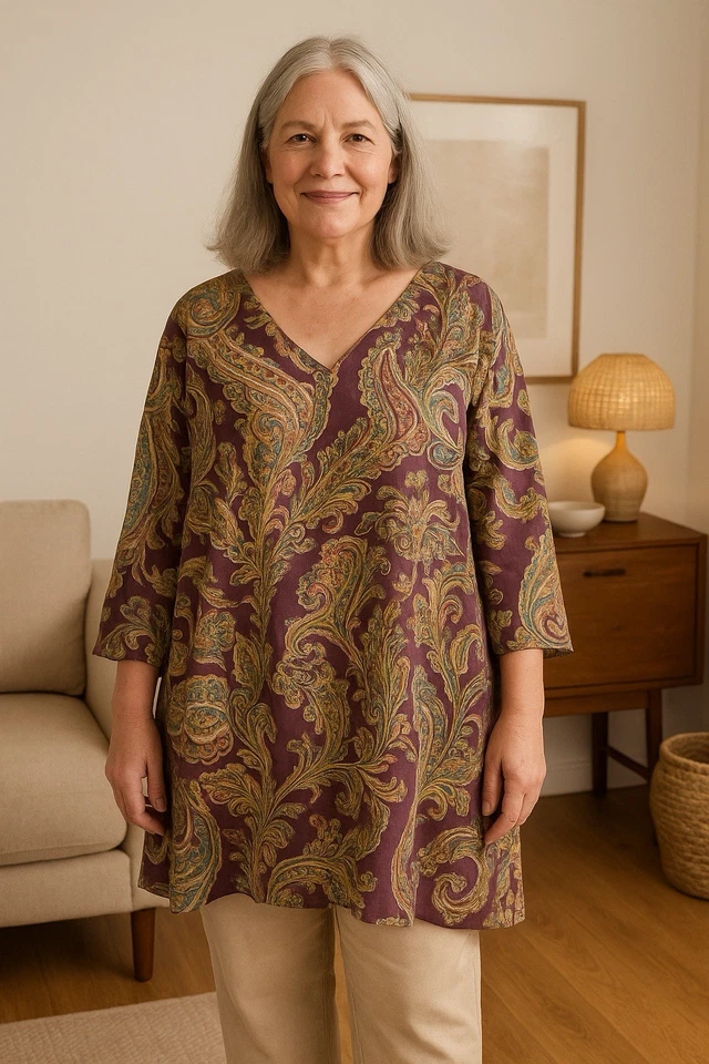 Bryn Walker Tunic Women 2X Heritage Parseley Linen Oversized Boho Maximalist Art - Image 1 of 4