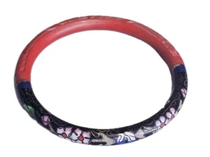 VTG Chinese Carved Cinnabar Red Lacquer Cloisonne Flower Bangle Bracelet 8" - Picture 1 of 6