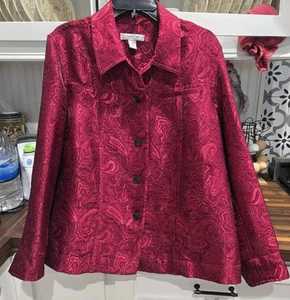 Coldwater Creek Red Paisley Textured Button Jacket Sz 1X Shimmery Party Holidays - Picture 1 of 9