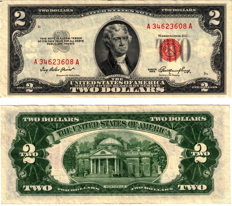 1953 USA 2 Dollar Banknote UNITED STATES AMERICA Red Seal P380 Priest & Humphrey - Image 1 of 1