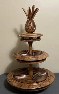 VTG Teak Hand Carved 3 Tier Lazy Susan Pineapple Server Hawaiian Monkey Pod Nice - Picture 1 of 9