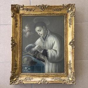“San Luigi Gonzaga” Olio Su Tela Antico Con Cornice Lavorata - Picture 1 of 12