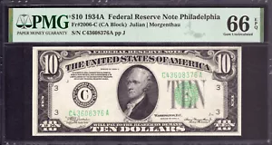 1934 A $10 FEDERAL RESERVE NOTE PHILADELPHIA FR.2006-C PMG GEM UNC 66 EPQ - Picture 1 of 3
