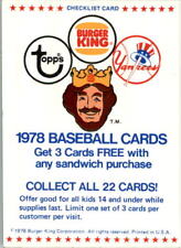 1978 Yankees Burger King #NNO Checklist Card TP - NM 