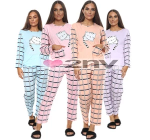 Ladies Cozy Cat Pyjama Set Cotton Rich Womens Long Sleeve PJ Nightwear M-XXL. - Picture 1 of 17