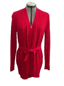 Lands End Womens Red Cable Knit Belted Cardigan Sweater M 10-12 100% Cotton - Picture 1 of 8