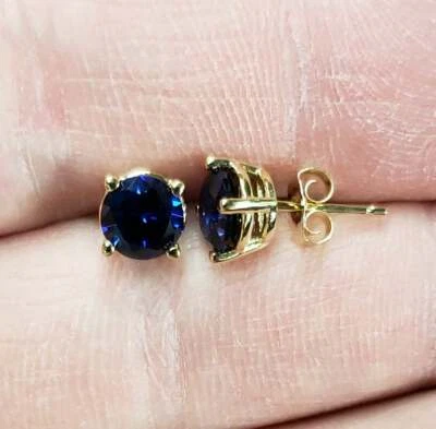 6mm Round Simulated Sapphire Women's Stud Earring Yellow Gold Plated Silver - Image 1 of 3