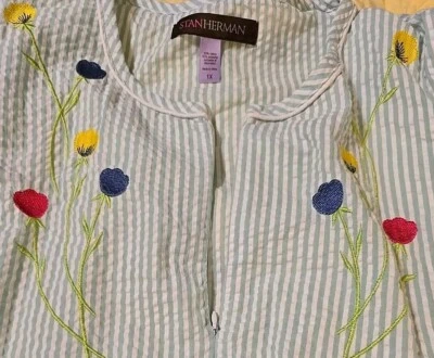 Stan Herman Camisón Vestido XL AZUL Seersucker Bordado Flores Cremallera Foto 1 de 4