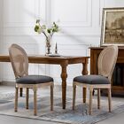 French Style Solid Wood Antique Linen & Rattan Dining Chair, Set Of 2, Gray