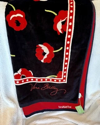 Vera Bradley Beach Towel POPPY FIELDS Oversized SOFT Pool Black RED NWT New RARE - Image 1 of 4