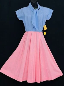 Vintage 1940s blue & pink gingham dress, short sleeve midi deadstock NOS XS S - Picture 1 of 12
