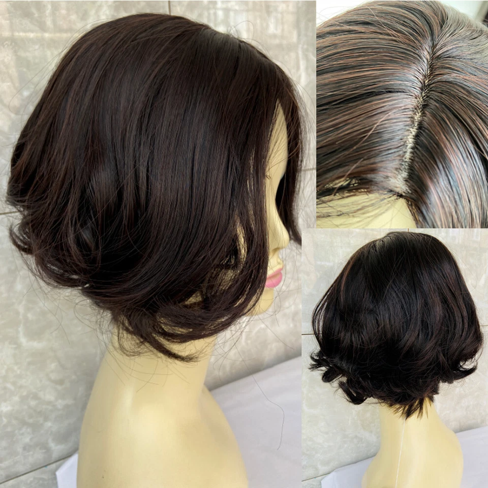 Perucas femininas naturais femininas de comprimento médio marrom escuro bob ondulado mistura de cabelo humano calor ok - Imagem 1 de 4