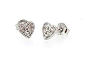 925 Sterling Silver CZ Pave Heart Stud 6mm Small Earrings Mothers B'Day GIFT BOX