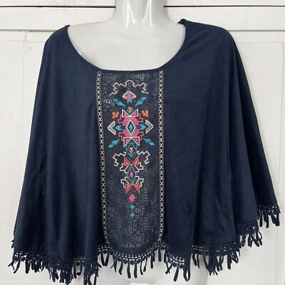 Flying Tomato Fringe Boho Poncho Top XS Navy Blue Embroidered - Image 1 of 4